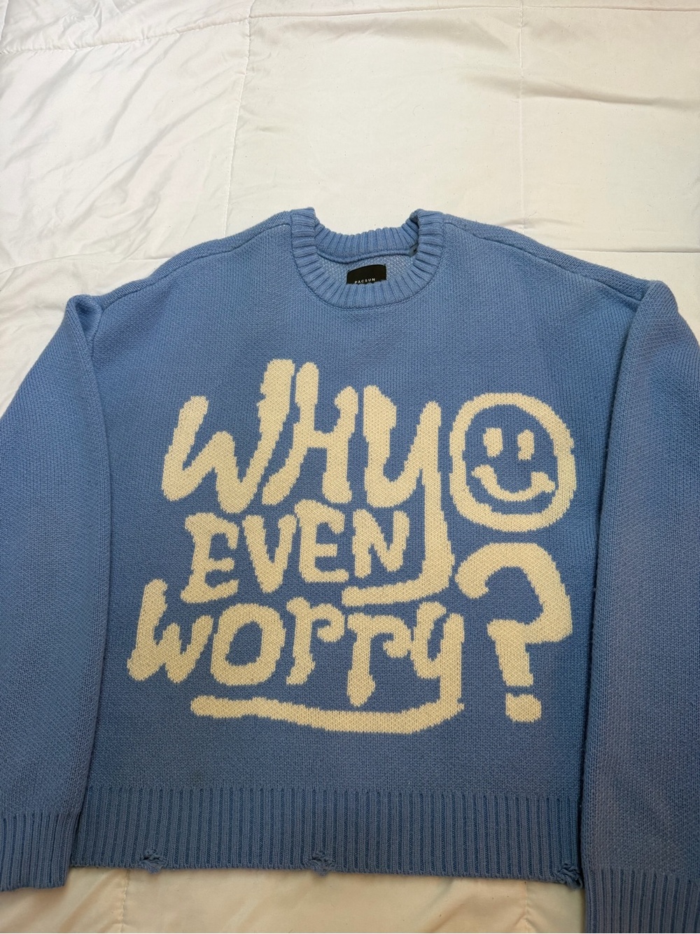 PacSun Light Blue Crewneck Sweater with Cream Graphic